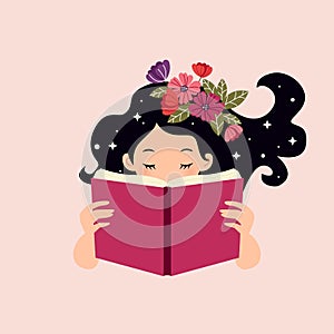 Cute girl reading a book. Personal growth metaphor.