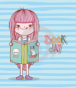 Cute girl reading book of pirates cartoon stripes background