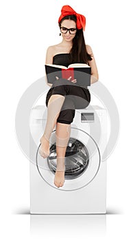 Cute Girl Reading a Book on a Washing machine