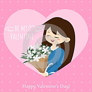 Cute girl received a beautiful bouquet in happy moment with Be my Valentine and Happy Valentine`s Day text.