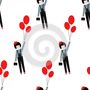 Cute girl with red balloons seamless pattern on white background.