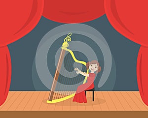 Cute Girl in Red Dress Playing Harp on Stage, Talented Kid Performing at Concert or Music Festival Vector Illustration