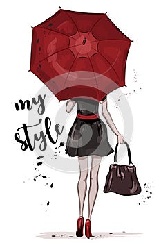 Cute girl with red umbrella. Hand drawn fashion woman. Sketch.