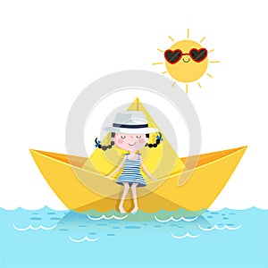 Cute girl relaxing in a paper boat. Summer vacation concept