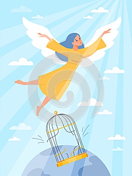 Cute girl is released from cage. Gaining freedom, life change process, angel flies to sun, emancipation day, exceed photo