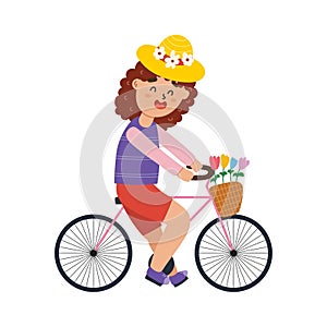 Cute girl riding bicycle with flower basket in cartoon style. Young girl in yellow hat traveling on bike