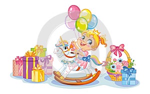Cute girl riding rocking horse and presents vector