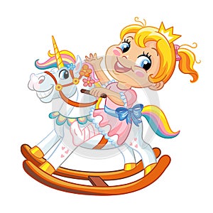 Cute girl riding rocking horse vector illustration
