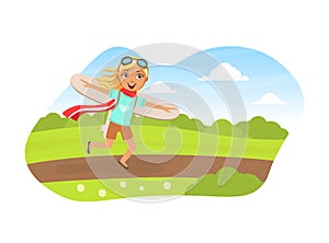 Cute Girl Running with Cardboard Wings, Child Dreaming of Becoming Aviator Vector Illustration