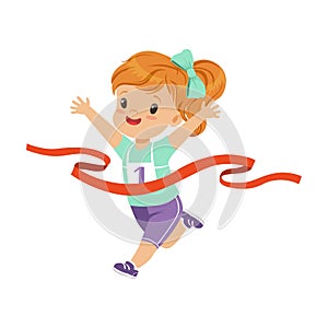 Cute girl running to the finish line first, kids physical activity concept vector Illustration on a white background