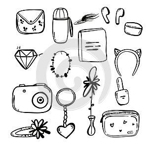 Cute girl's elements background. Wallet water bottle Diamond, hair, flower, varnish, clip, cosmetic, bag, headphones