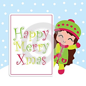 Cute girl say hello under snow fall suitable for Christmas card