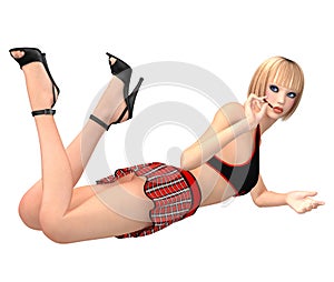 Cute girl in schoolgirl uniform lies on stomach with pencil on h