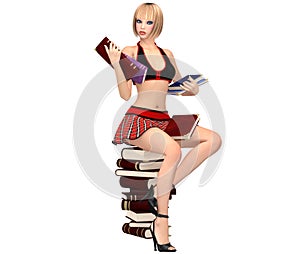 Cute girl in schoolgirl uniform sits on books pile with books on