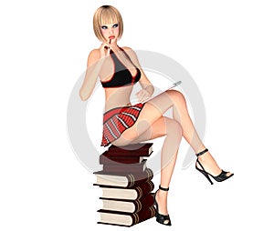 Cute girl in schoolgirl uniform sits on books pile with notepad