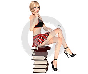 Cute girl in schoolgirl uniform sits on books pile with notepad