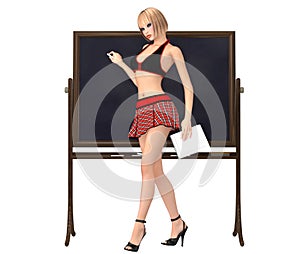 Cute girl in schoolgirl uniform stands at the blackboard with ch