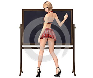 Cute girl in schoolgirl uniform stands at the blackboard with ch