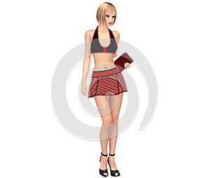 Cute girl in schoolgirl uniform stands with book and notepad on