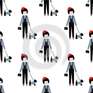 Cute girl with scottish terrier seamless pattern on white background.