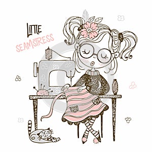 Cute girl seamstress sews on a sewing machine dress. Doodle style. Vector