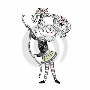 Cute girl seamstress sews on a sewing machine dress. Doodle style. Vector