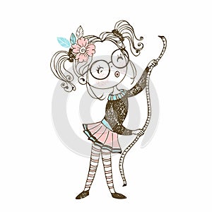 Cute girl seamstress sews on a sewing machine dress. Doodle style. Vector.