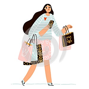 Cute girl on shopping with a lot of paper bags, fashion retail vector illustration