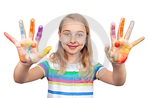 Cute girl showing hands painted in bright colors isolated on white
