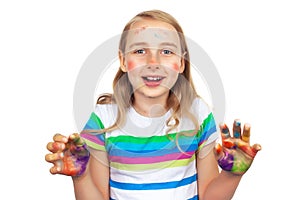 Cute girl showing hands painted in bright colors isolated on white