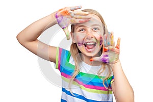 Cute girl showing hands painted in bright colors isolated on white