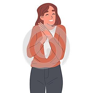 Cute girl showing tender emotion. Cartoon woman tenderness emotions, smiling female character positive body language flat vector