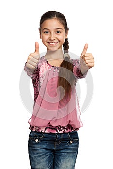 Girl showing thumbs up with both hands