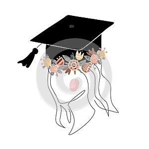 Cute girl silhouette in graduation cap decorated with doodle flower wreath. Happy graduate student. Scandinavian and