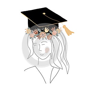 Cute girl silhouette in graduation cap decorated with doodle flower wreath. Happy graduate student. Scandinavian and