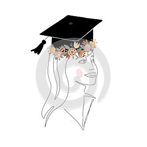 Cute girl silhouette in graduation cap decorated with doodle flower wreath. Happy graduate student. Scandinavian and