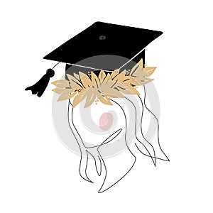 Cute girl silhouette in graduation cap decorated with doodle laurel wreath. Happy graduate student. Continuous line