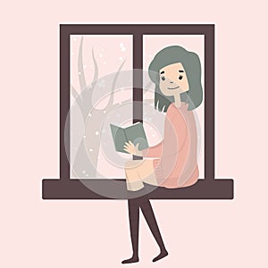 Cute girl sitting with cat by the window and reading. Cozy winter. Illustration in cartoon style