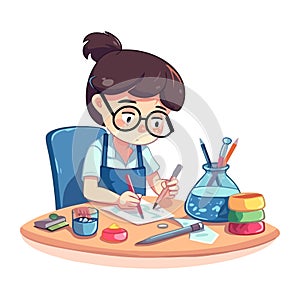 Cute girl sitting at desk, learning creativity