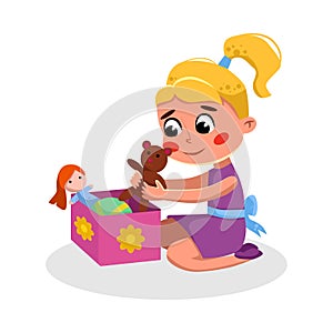Cute Girl Sitting on Floor Playing Toys, Kids Good Behavior Cartoon Style Vector Illustration