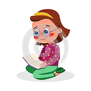 Cute Girl Sitting on Floor and Reading Book, Kids Good Behavior Cartoon Style Vector Illustration