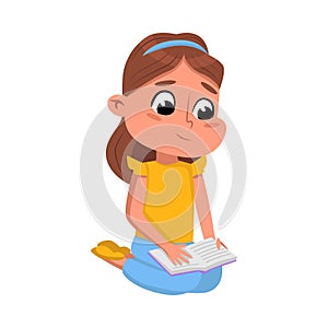 Cute Girl Sitting on Floor Reading Book, Lovely Preschooler Kid or Elementary School Student Enjoying Literature Cartoon