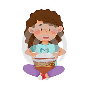 Cute Girl Sitting and Playing Drum Vector Illustration