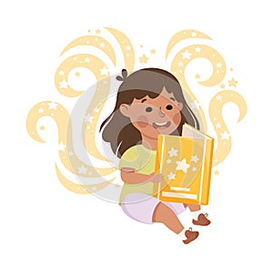 Cute Girl Sitting and Reading Open Book and Dreaming Vector Illustration