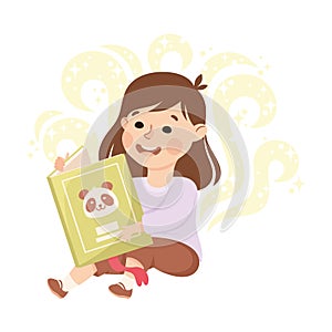 Cute Girl Sitting and Reading Open Book and Dreaming Vector Illustration