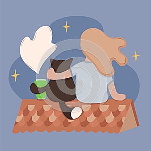 cute girl sitting on the roof top with cat and cup of coffee on blue background