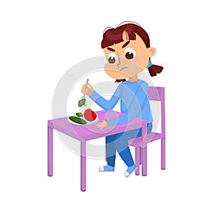 Cute Girl Sitting at Table and Eating, Child Does Not Want to Eat Vegetables Cartoon Style Vector Illustration