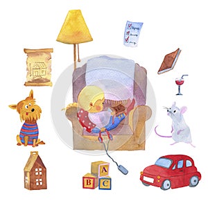 Cute girl sleeping in an armchair and collection of home environment dog, car, books, juice, house, checklist, lamp