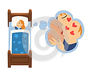 Cute Girl Sleeping in Bed and Dreaming About Kisses, Kid Lying in Bed Having Sweet Dreams Vector Illustration