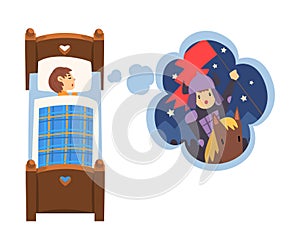 Cute Girl Sleeping in Bed and Dreaming About Knight Galloping on Horseback, Kid Lying in Bed Having Sweet Dreams Vector